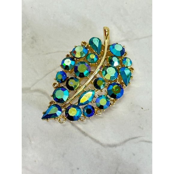 Vintage Lisnore Blue AB Iridescent Leaf Brooch Gold Rhodium Signed - Picture 3 of 8
